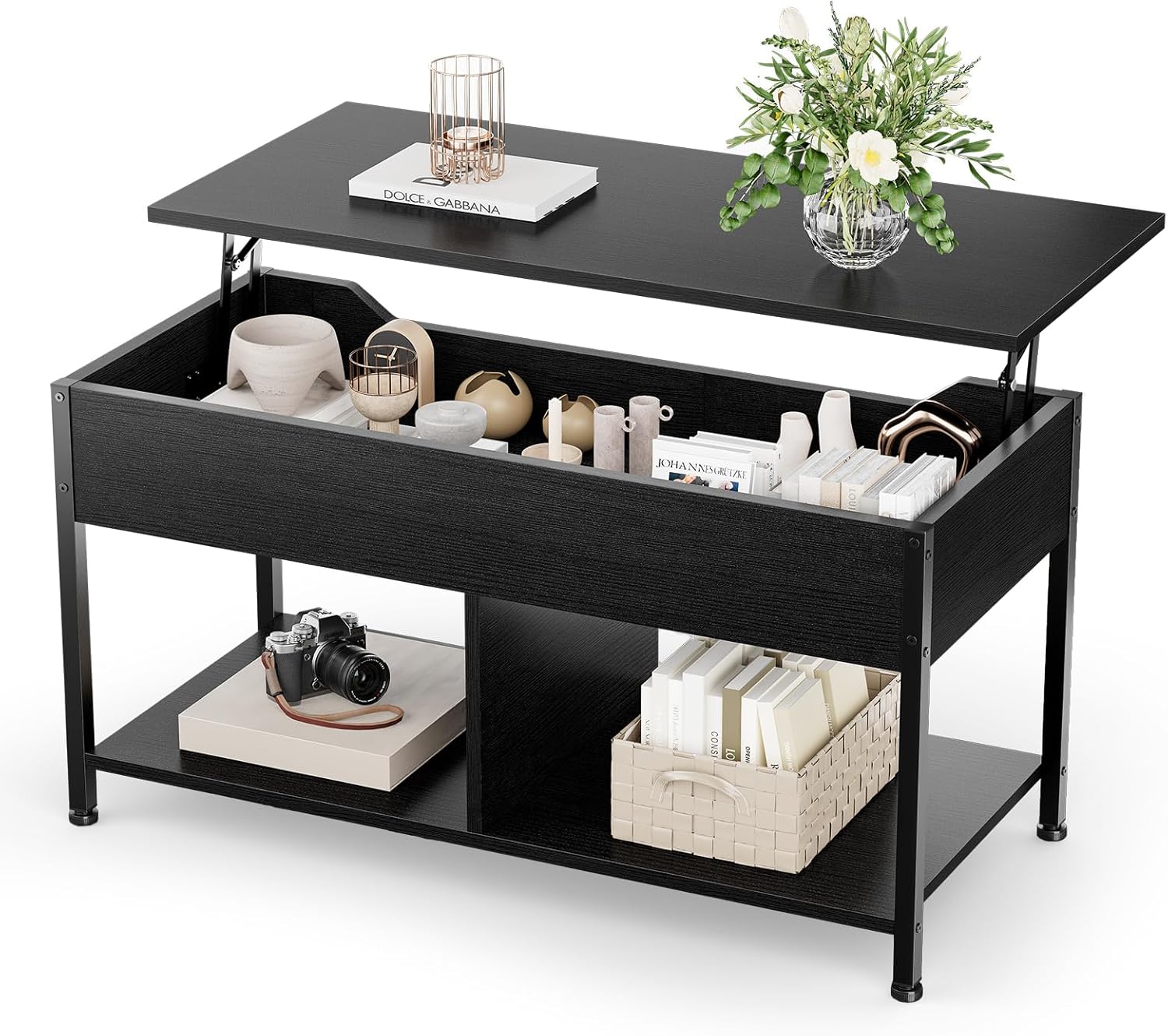 OLIXIS wood lift-top coffee table with hidden compartment, black