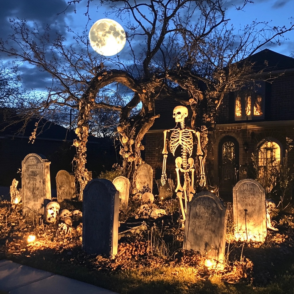 Outdoor Halloween decorations in a yard