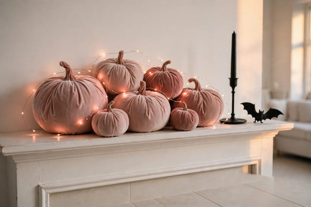 Pink Halloween decorations styled on a living room mantel: blush pink velvet pumpkins, pink fairy lights, and black bat accents