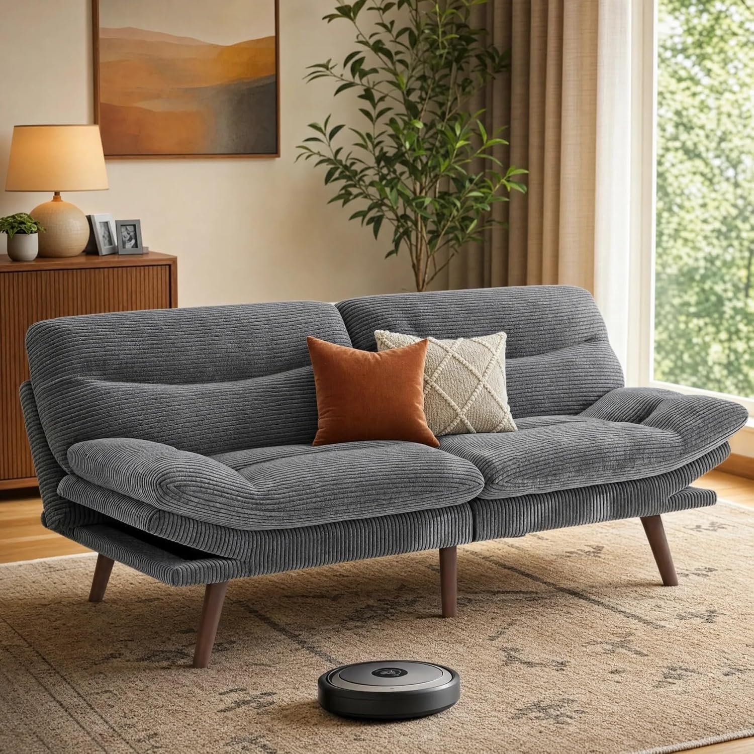 Pipishell 66-inch convertible futon sofa bed in grey corduroy