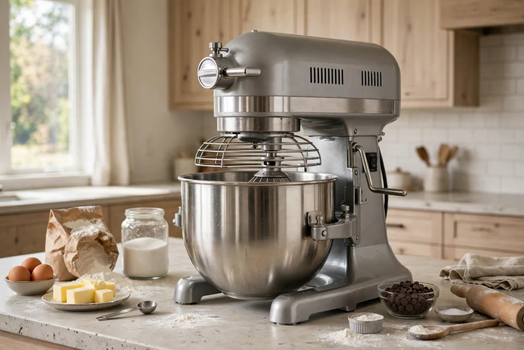 Large professional 10-quart stand mixer with a stainless steel bowl and baking ingredients on a kitchen counter