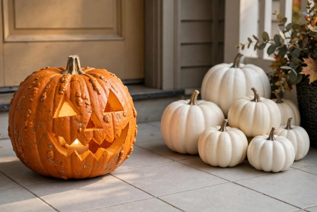 Real vs faux pumpkins for Halloween decorating: a carved orange jack-o-lantern next to white artificial pumpkins on a porch