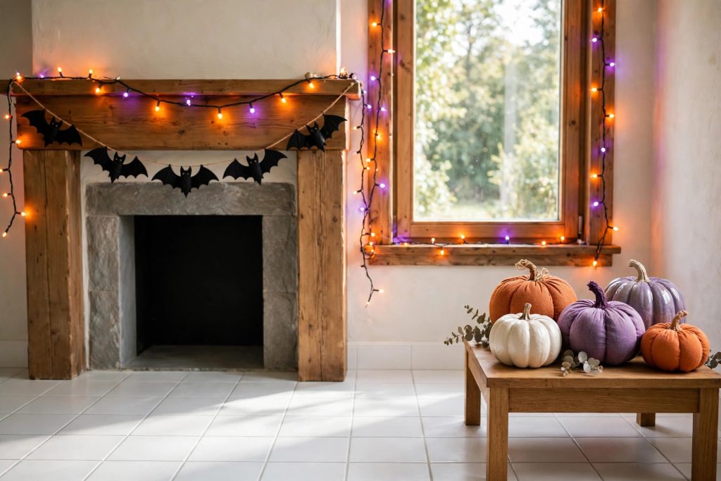 Reusable Halloween decorations buying guide: LED string lights on a mantel and window with fabric pumpkins in a bright living room