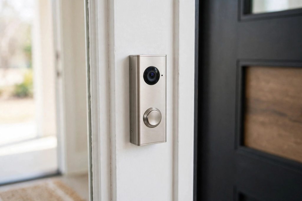 Ring battery video doorbell with camera and doorbell button in satin nickel mounted on a white door frame