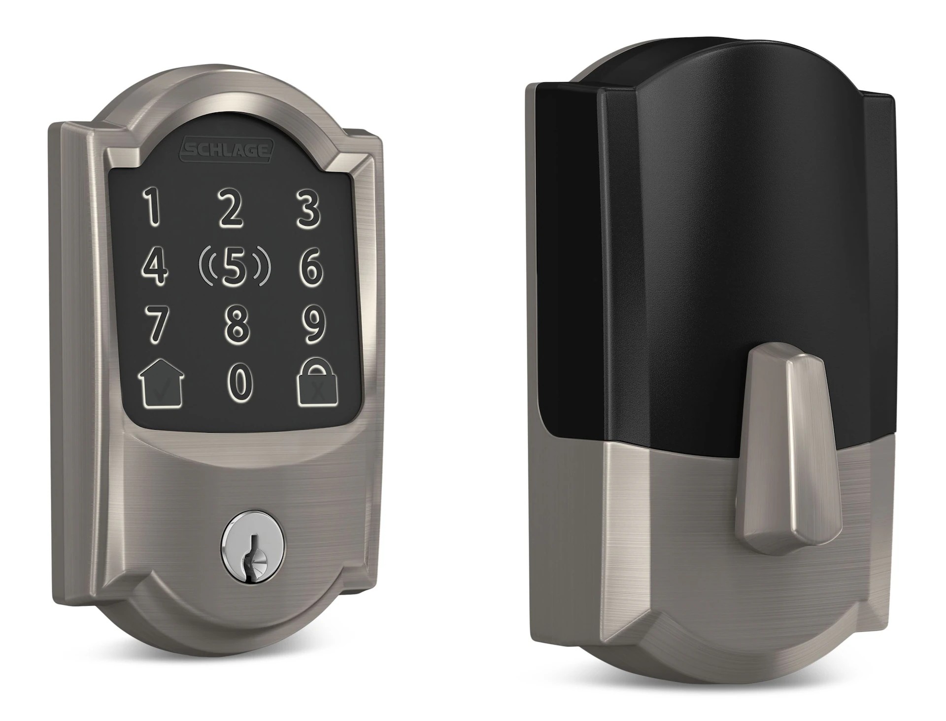 Schlage Encode Plus smart WiFi deadbolt Camelot trim satin nickel – real product photo
