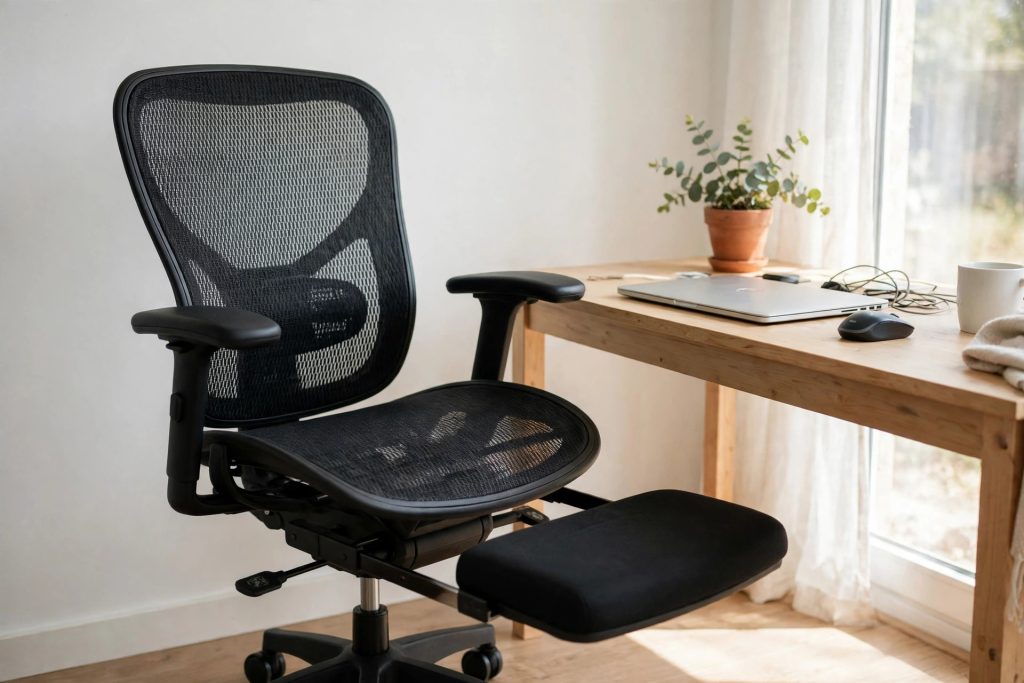 SIHOO B100 PRO black mesh ergonomic office chair with extendable padded footrest beside a desk in a bright home office