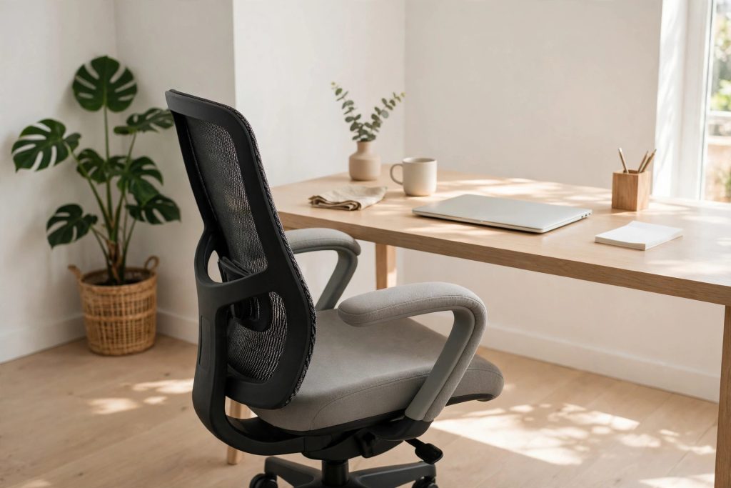 Ergonomic office chair with mesh back and padded armrests at a wooden desk in a bright home office