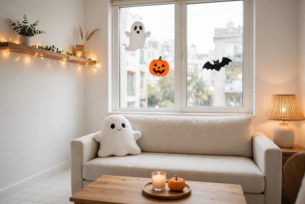 Small apartment Halloween decorations: ghost, pumpkin and bat window clings on the window, coffee-table tray with candle and mini pumpkin, fairy lights on shelf