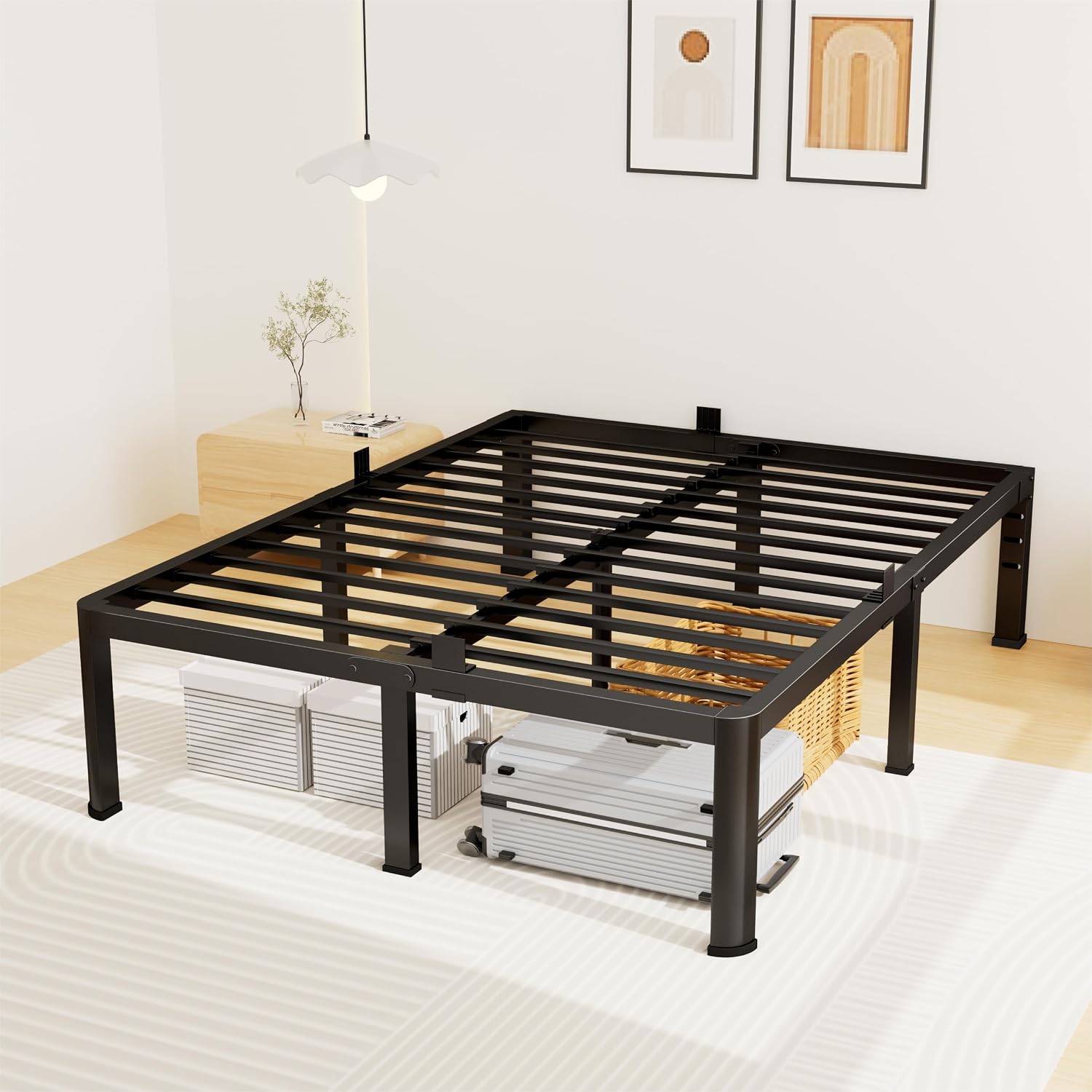 Superay 14 Inch Queen Metal Bed Frame with Rounded Leg, Mattress Stopper | Easy Assembly, 3500 lbs Heavy Duty Support, headboard holes, Under Bed Storage Space, No Box Spring Needed, Noise Free, Black