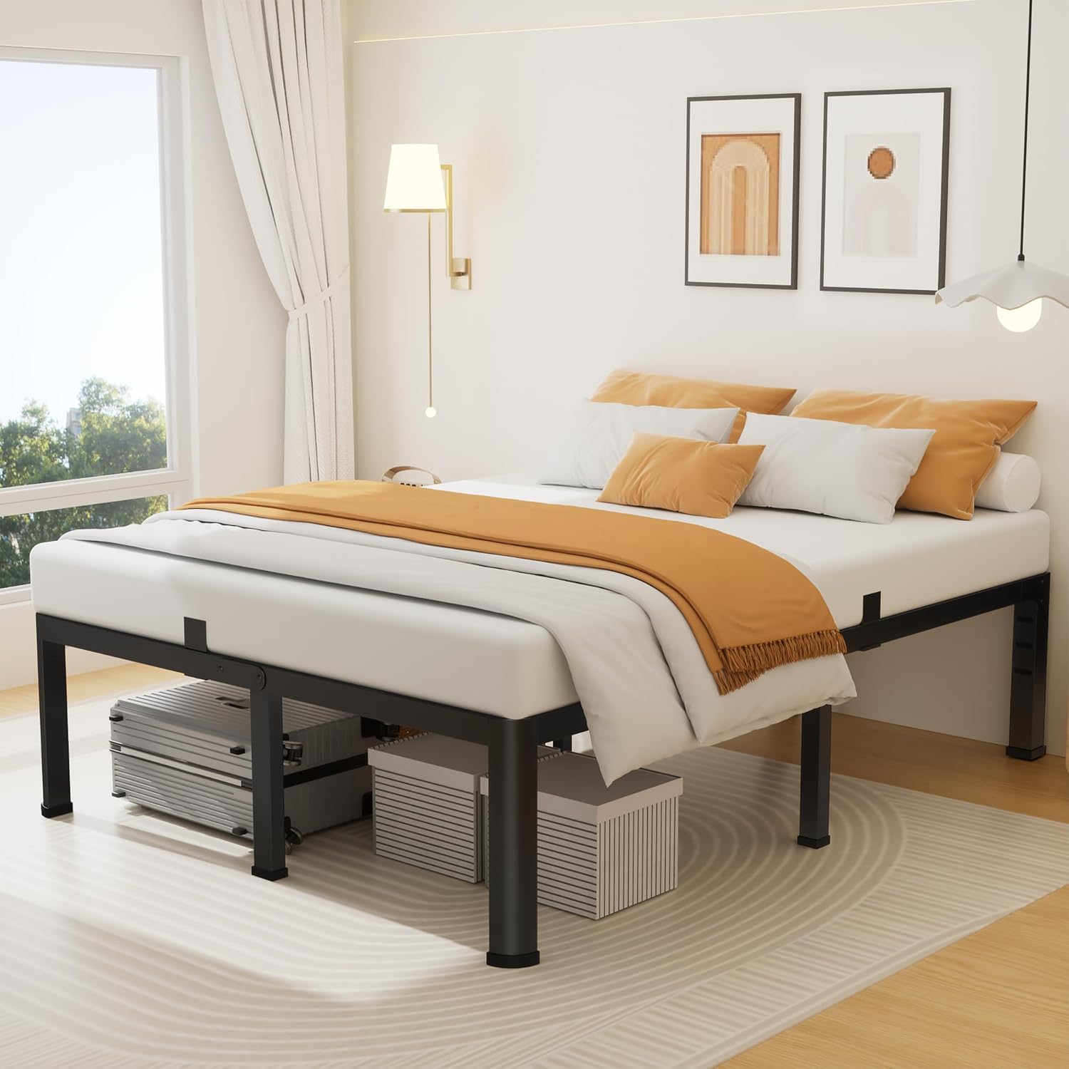 Superay 18 inch queen metal platform bed frame slat support detail