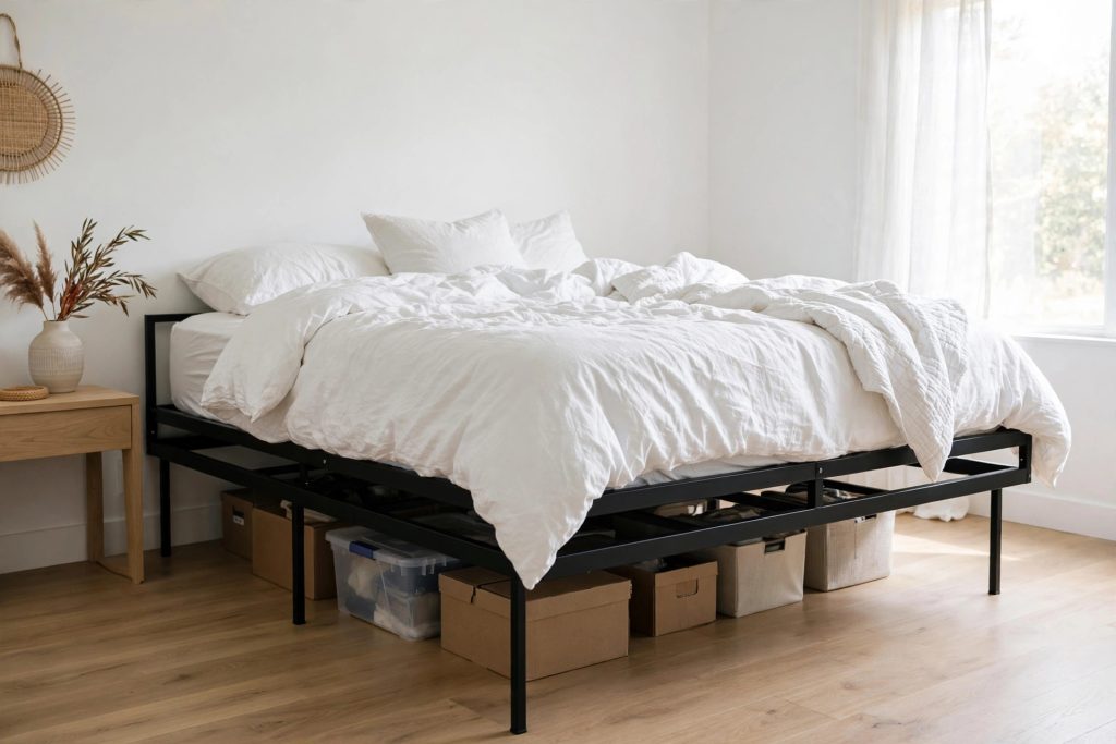 King metal platform bed frame with 20-inch high clearance and storage boxes underneath in a bright bedroom