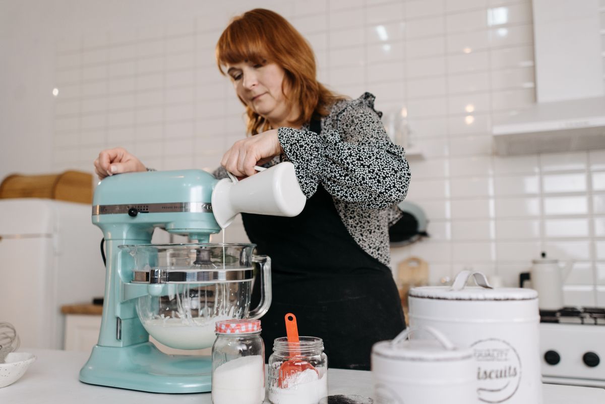 KitchenAid 7-quart bowl-lift stand mixer in a professional home kitchen