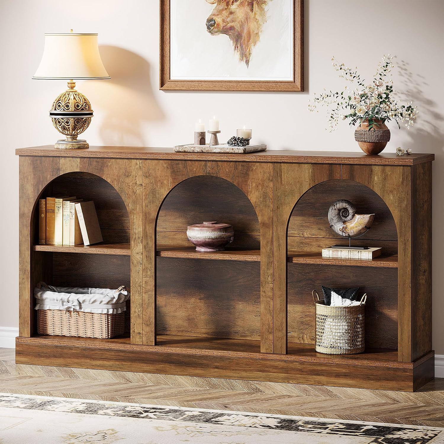 Tribesigns 63 inch farmhouse console table in rustic brown with arched open storage