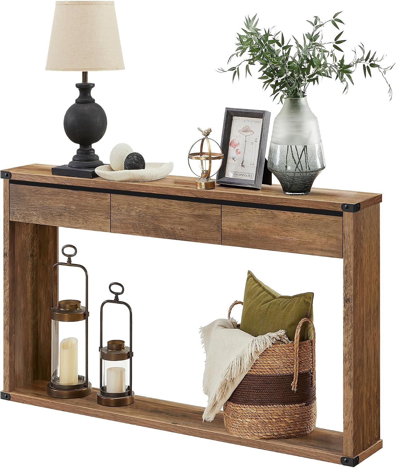 VASAGLE 47 inch console table with 3 drawers in honey brown with bottom shelf