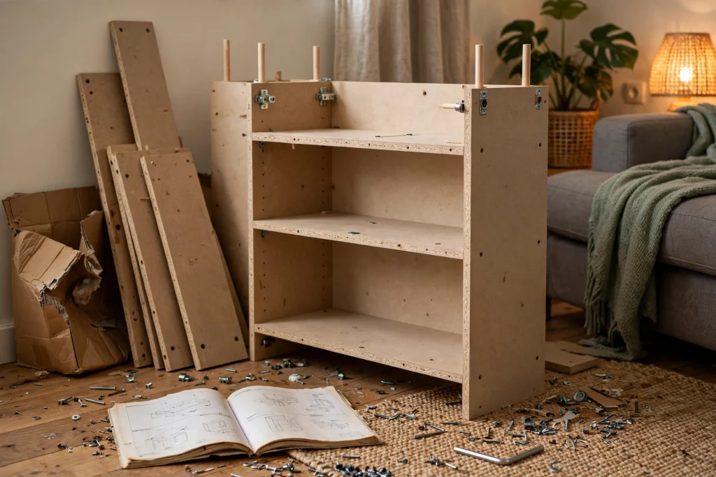 Half-assembled VASAGLE bookshelf with scattered hardware and instruction manual during real assembly test