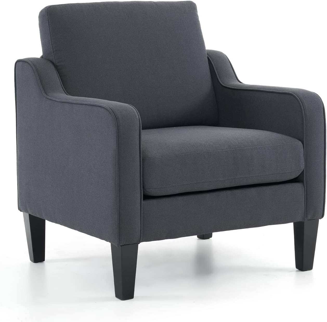 VINGLI accent chair in dark grey linen with scooped arms, tall back cushion and black tapered legs