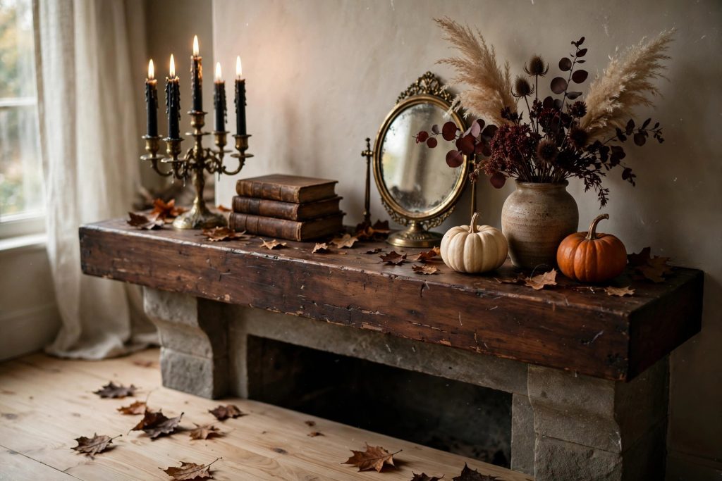 Vintage Halloween decor on a candlelit mantel with brass candelabra, old books and dried flowers