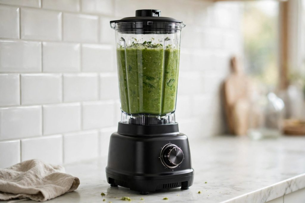 Black Vitamix 5200 high-performance blender with 64-ounce container and variable speed dial on a kitchen counter