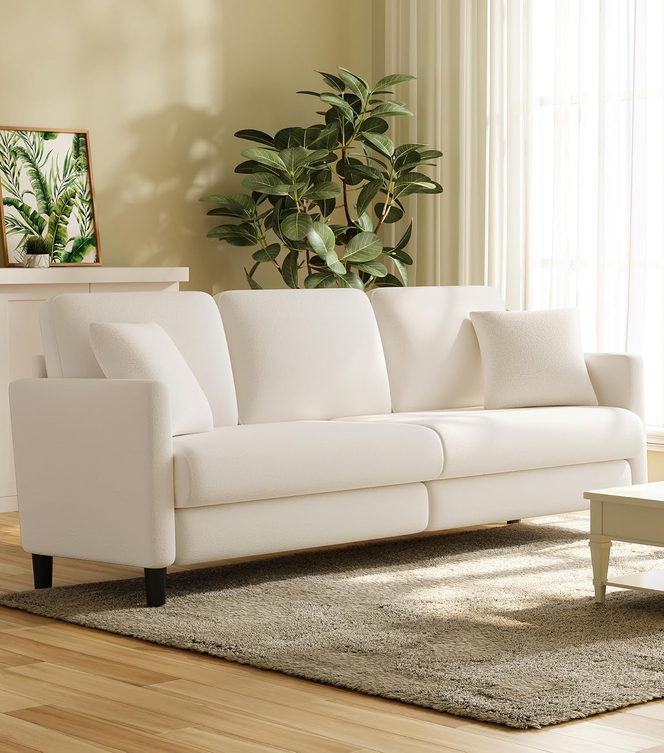 Welzona 83-inch teddy fabric sofa couch in beige boucle