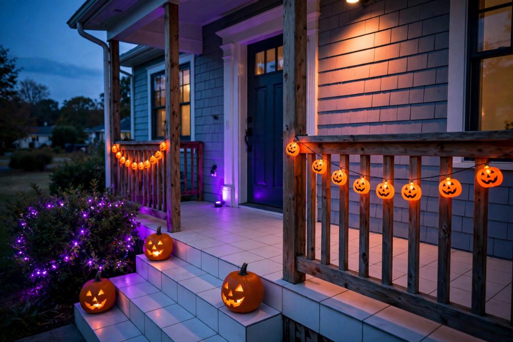 Outdoor Halloween string lights glowing on a front porch railing at dusk: pumpkin string lights, purple fairy lights on a bush, and lit jack-o-lanterns on the steps