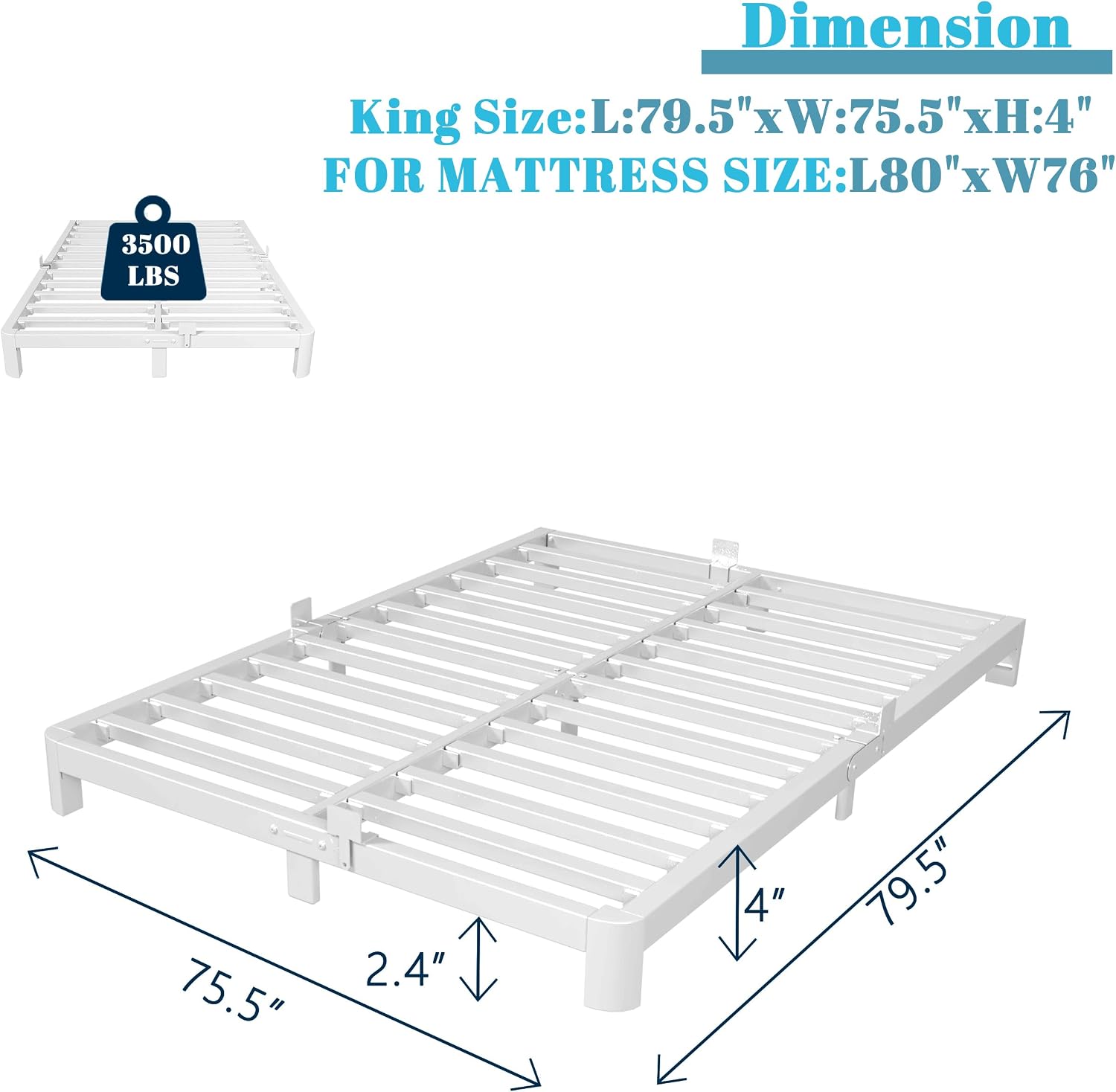 White king metal platform bed frame side rail detail