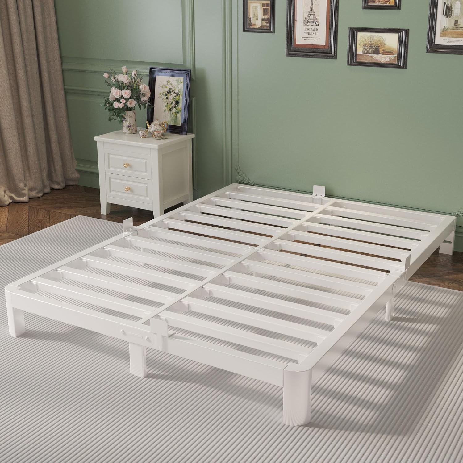 White king metal platform bed frame with metal gasket joints