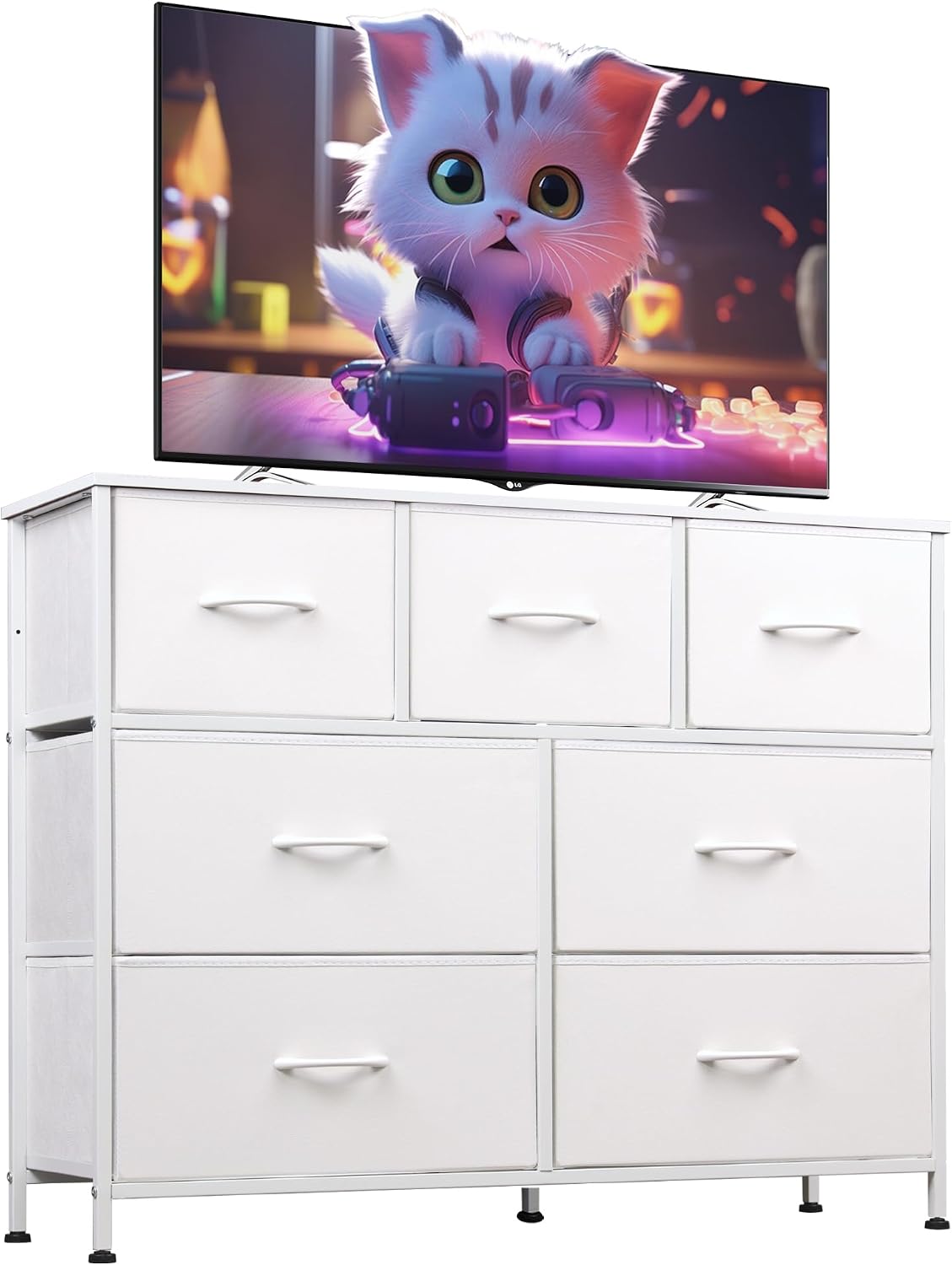 WLIVE 7 drawer fabric dresser in white with a TV on top, fabric bins in a steel frame