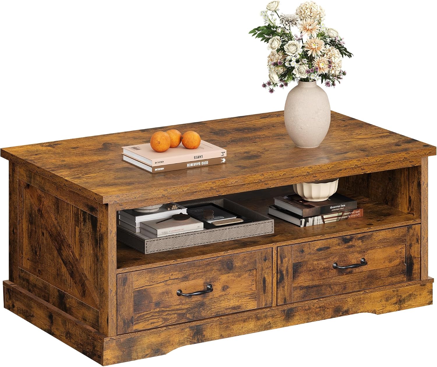 WLIVE farmhouse coffee table with 2 storage drawers, rustic brown