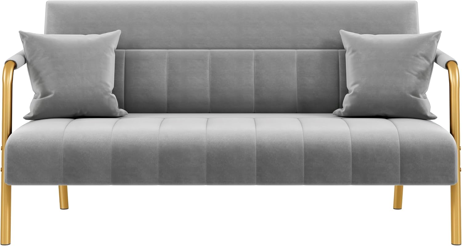 Yaheetech 56.5-inch velvet small sofa loveseat in light gray with gold-tone legs