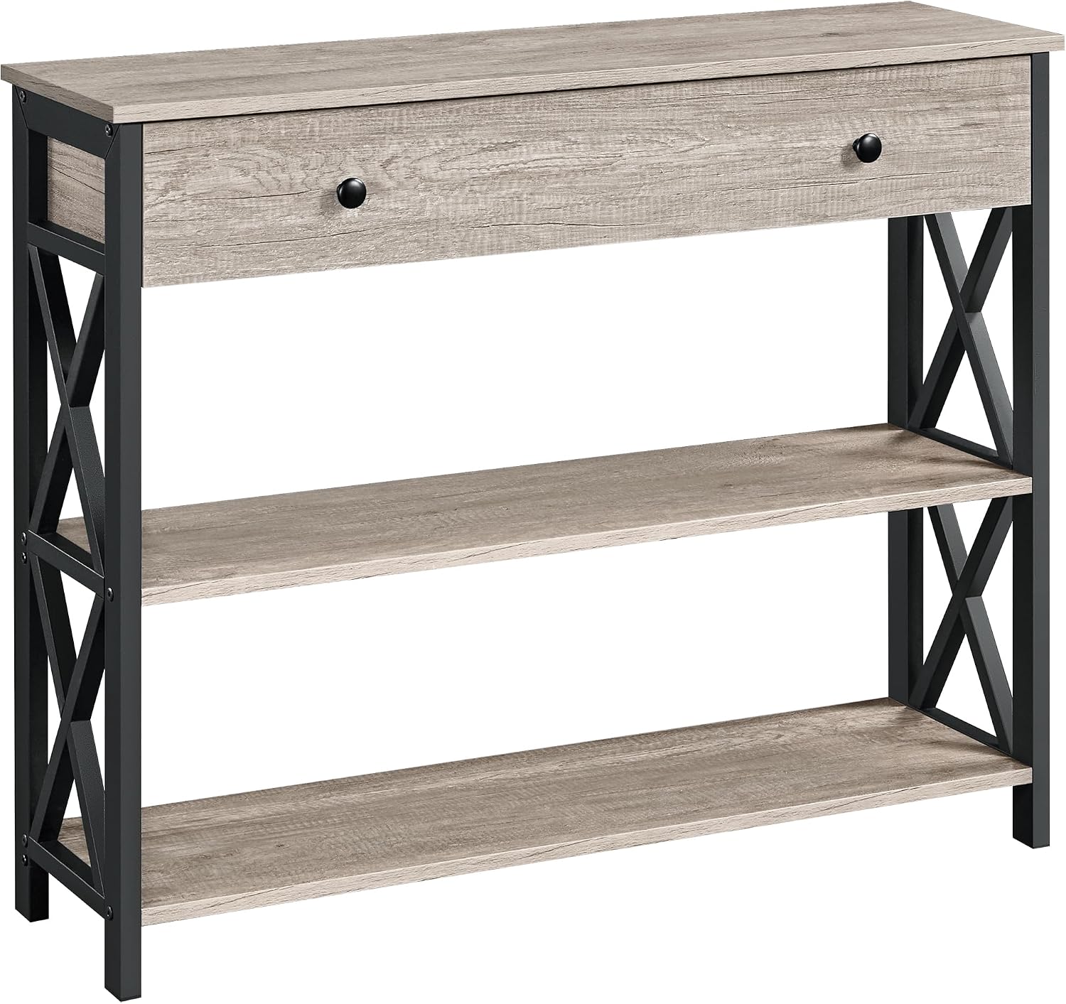Yaheetech console table with drawer in gray with black metal X frame and shelves