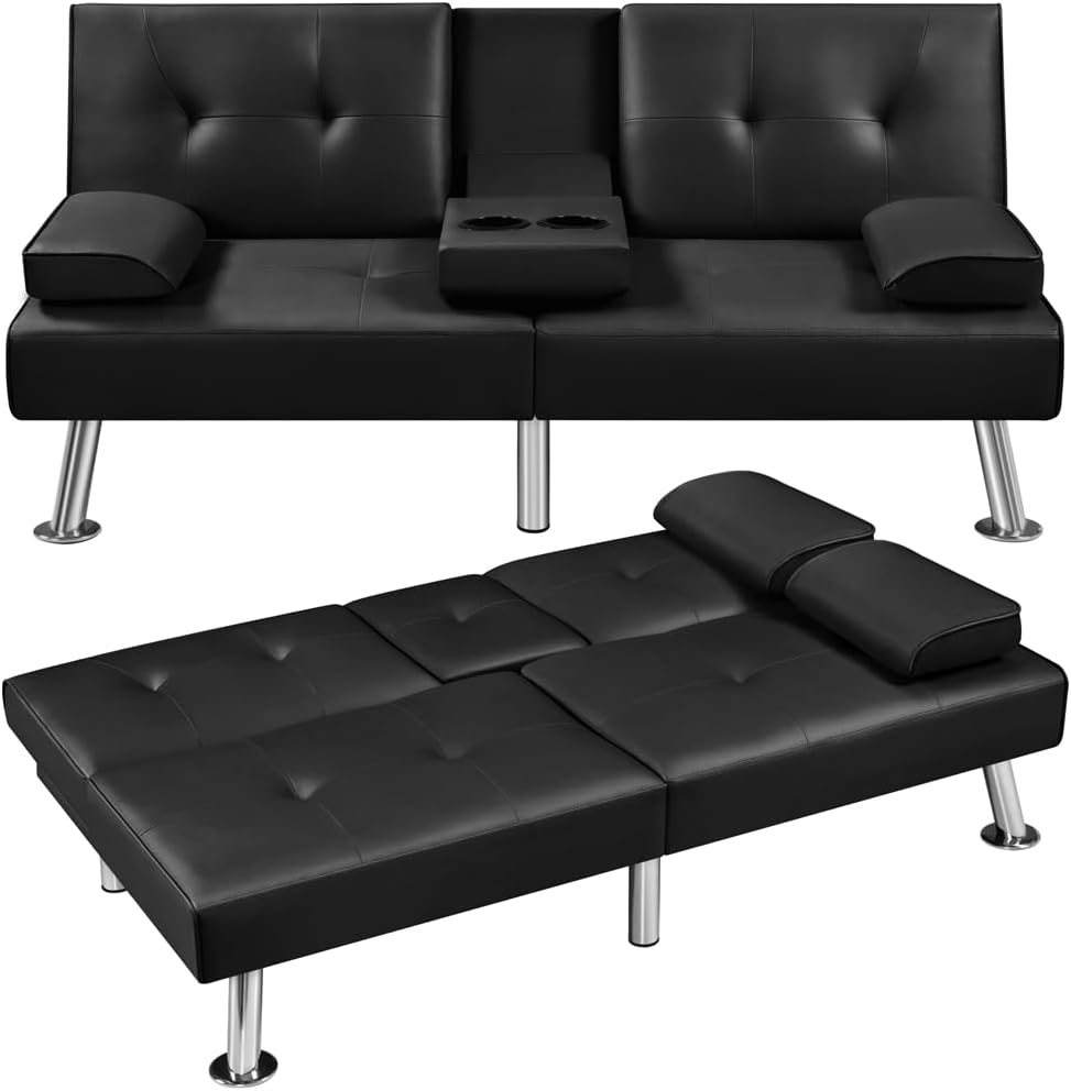 Yaheetech convertible sofa bed in black with drop-down cup holder console shown upright and folded flat