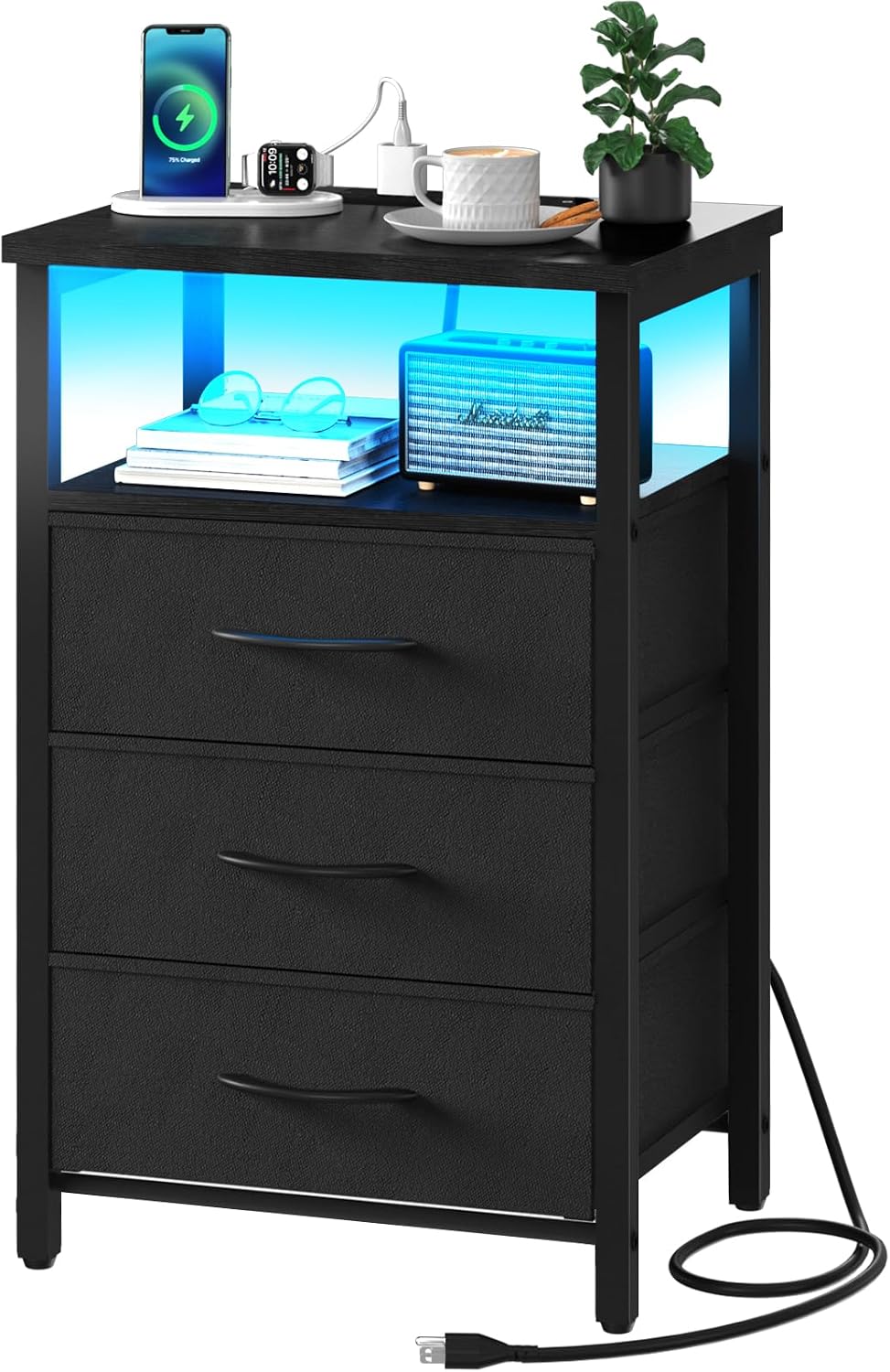 Yoobure black nightstand with charging station, LED lit open shelf and three fabric drawers, power cord visible